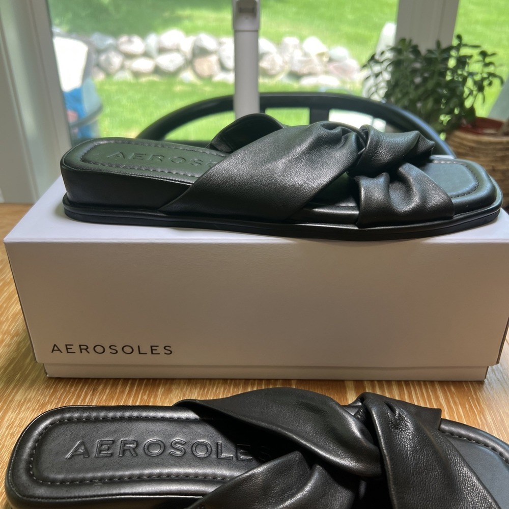 Aerosoles Women's Brady Slide Sandal Wedge 10, Black Leather Ret $90 - Picture 3 of 11